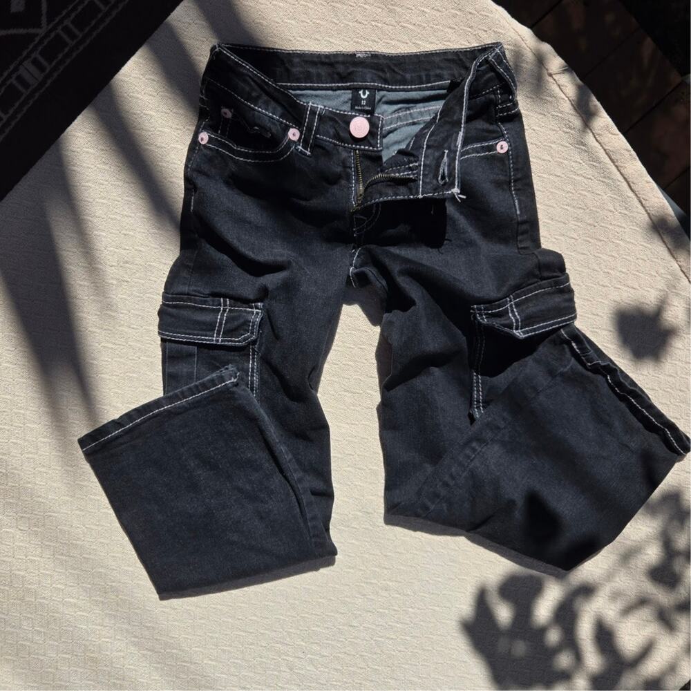black cargo jeans with pink stitching • youth 12 ♡